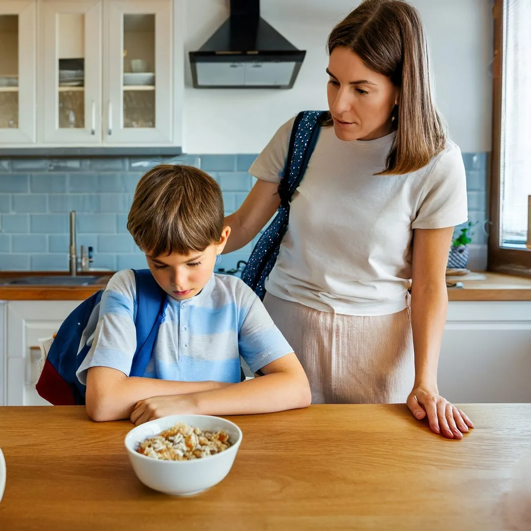 Schulkind mit Bauchweh sitzt morgens vor der Schule bedrückt am Frühstückstisch, die Mutter beugt sich besorgt zu ihm