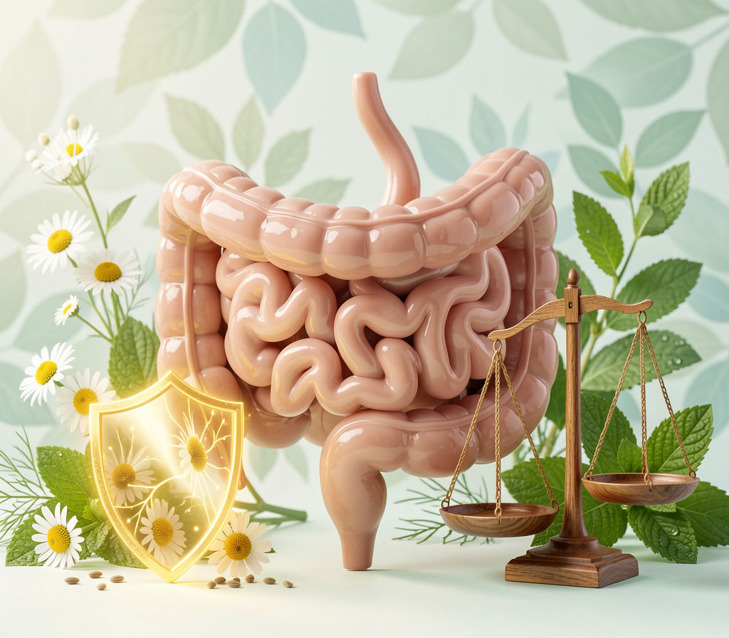 Darstellung eines gesunden Darms mit Immunschild – Symbolbild für Reizdarm-Behandlung und Darmsanierung in der Naturheilpraxis in Pforzheim
