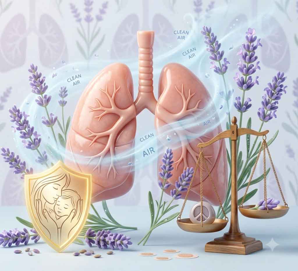 Illustration von Lunge mit Lavendel und Waage als Symbol für sanfte ätherische Öle bei Erkältung und Husten bei Kindern